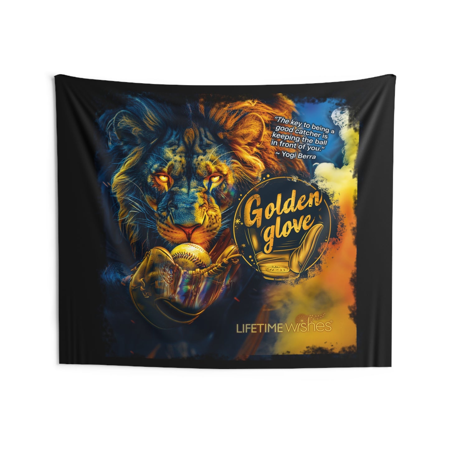 Baseball Golden Glove Lion Indoor Wall Tapestry Featuring Inspirational Yogi Berra Quote