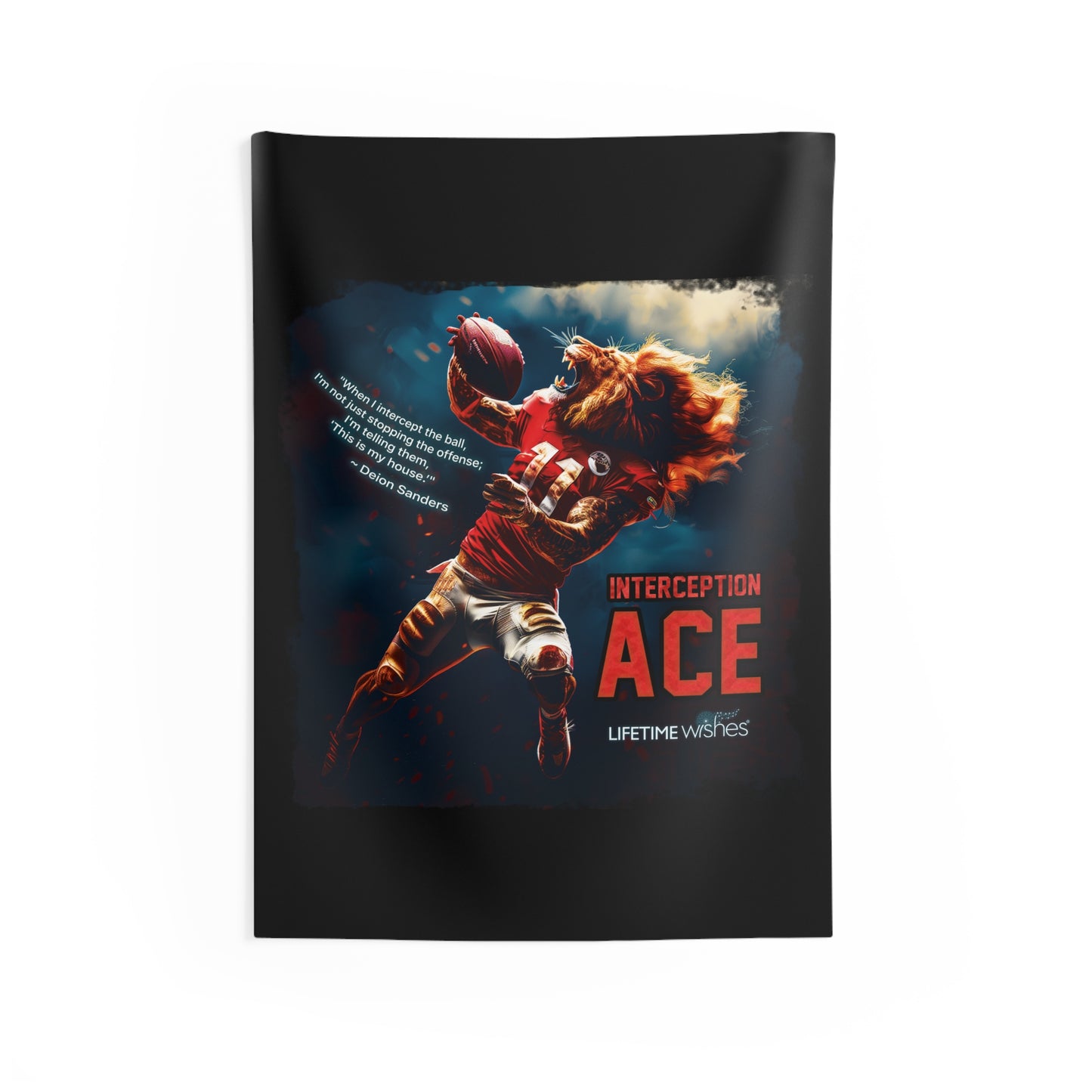 Football Interception Ace Lion Indoor Wall Tapestry Featuring Inspirational Deion Sanders Quote