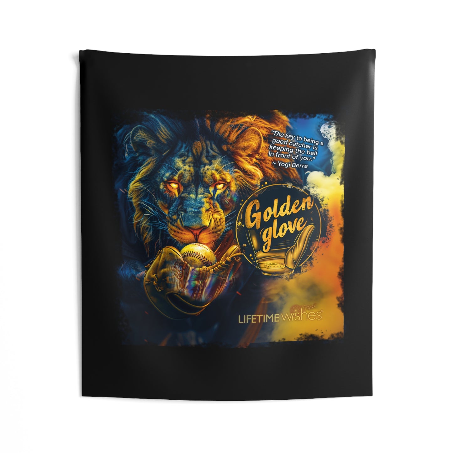 Baseball Golden Glove Lion Indoor Wall Tapestry Featuring Inspirational Yogi Berra Quote