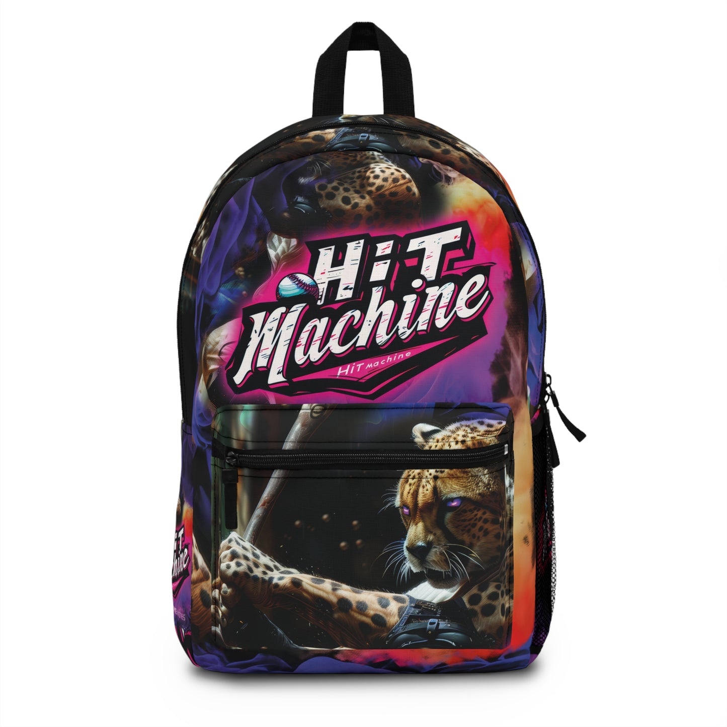 Baseball 'Hit Machine' Backpack Featuring Muscular Cheetah with Glowing Purple Eyes and Ted Williams Quote