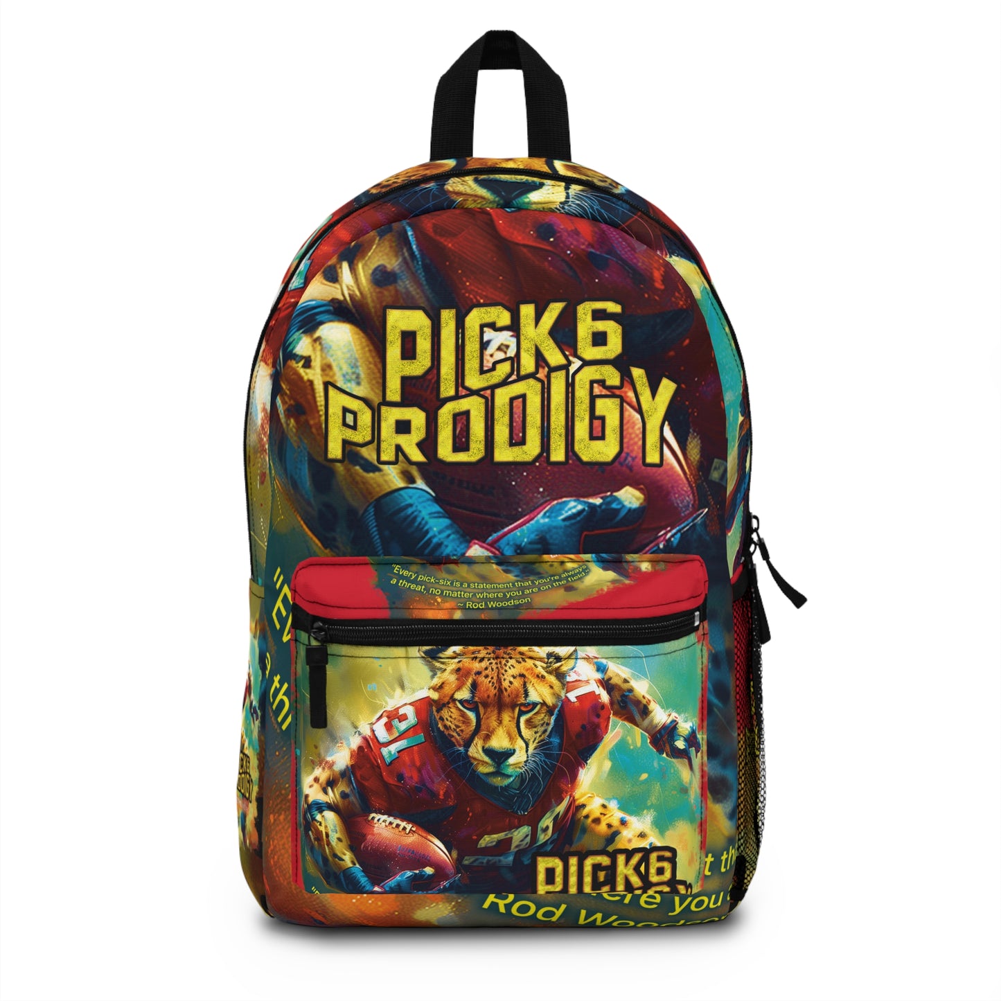 Football 'Pick-6-Prodigy' Backpack Featuring Cheetah Football Player and Rod Woodson Quote