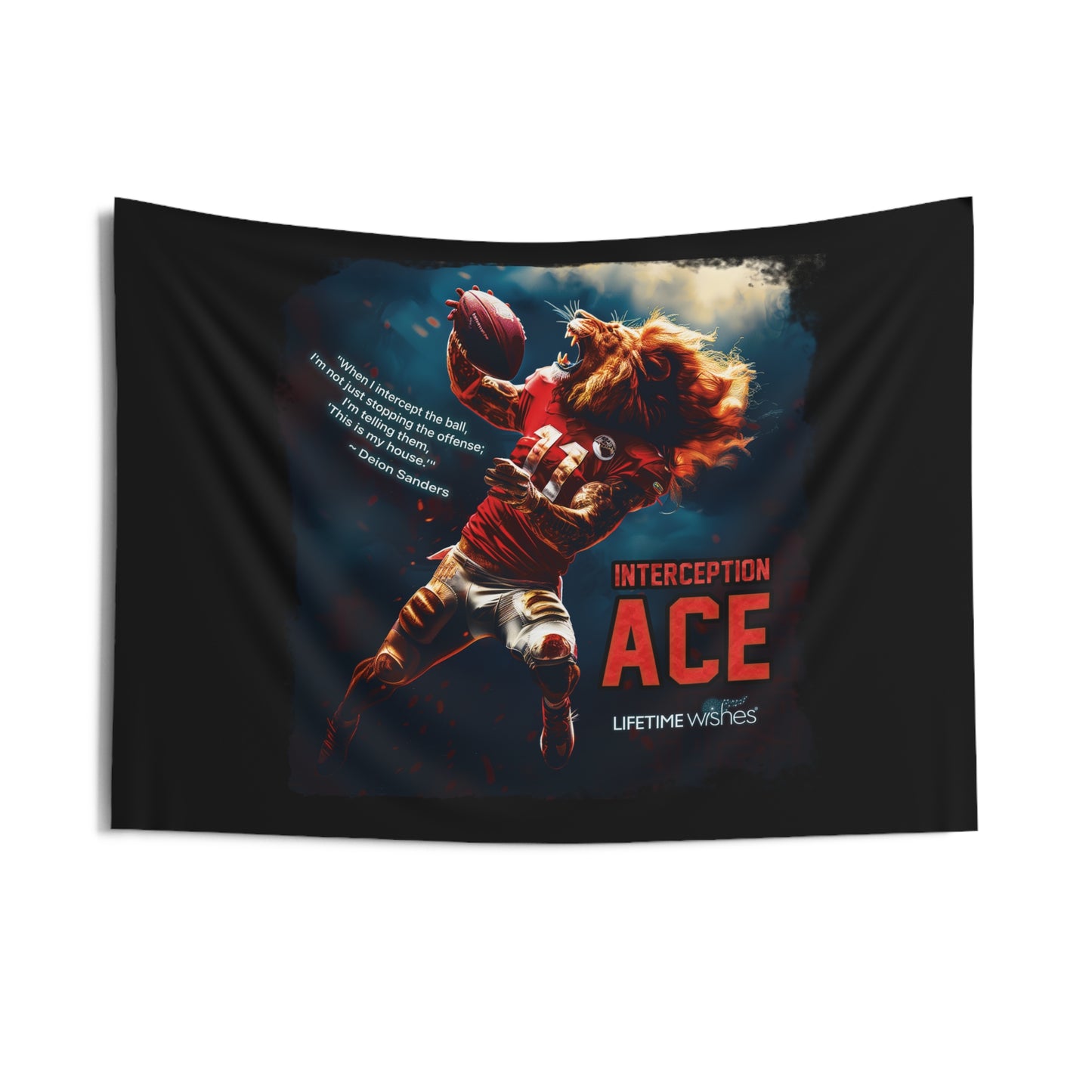 Football Interception Ace Lion Indoor Wall Tapestry Featuring Inspirational Deion Sanders Quote