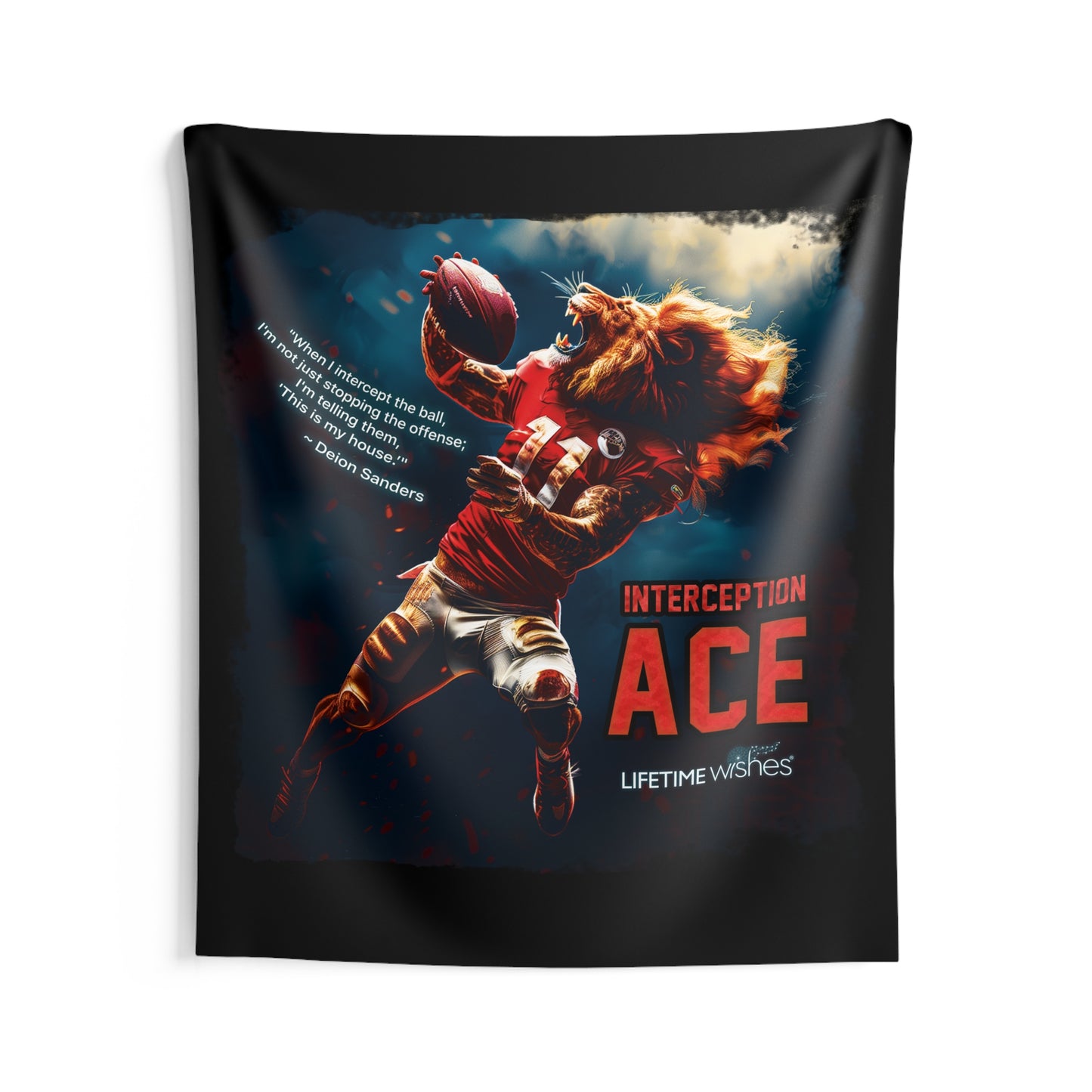 Football Interception Ace Lion Indoor Wall Tapestry Featuring Inspirational Deion Sanders Quote