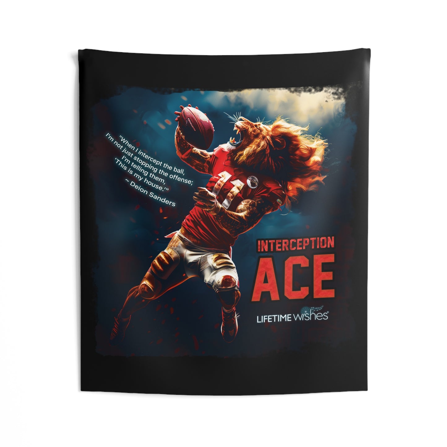 Football Interception Ace Lion Indoor Wall Tapestry Featuring Inspirational Deion Sanders Quote