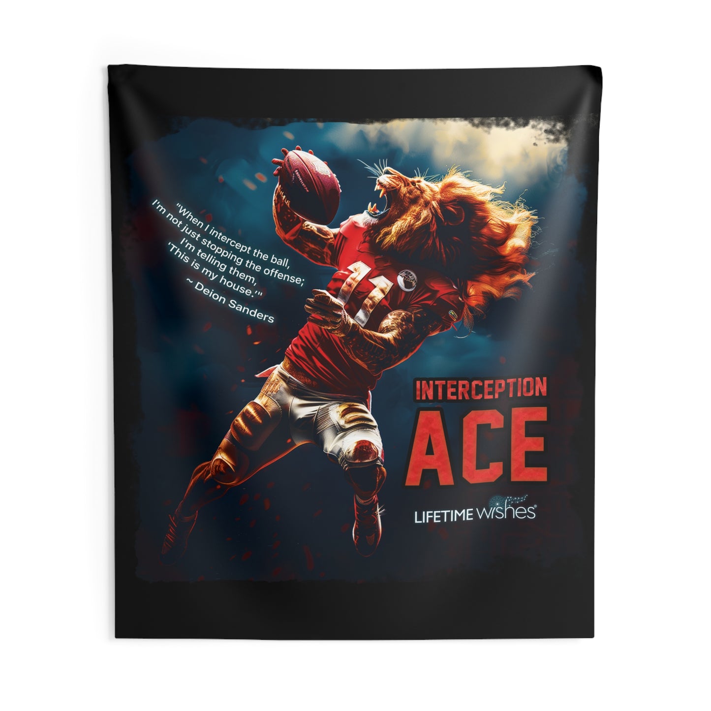 Football Interception Ace Lion Indoor Wall Tapestry Featuring Inspirational Deion Sanders Quote