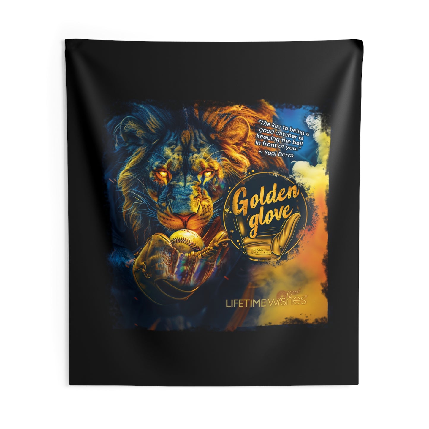 Baseball Golden Glove Lion Indoor Wall Tapestry Featuring Inspirational Yogi Berra Quote