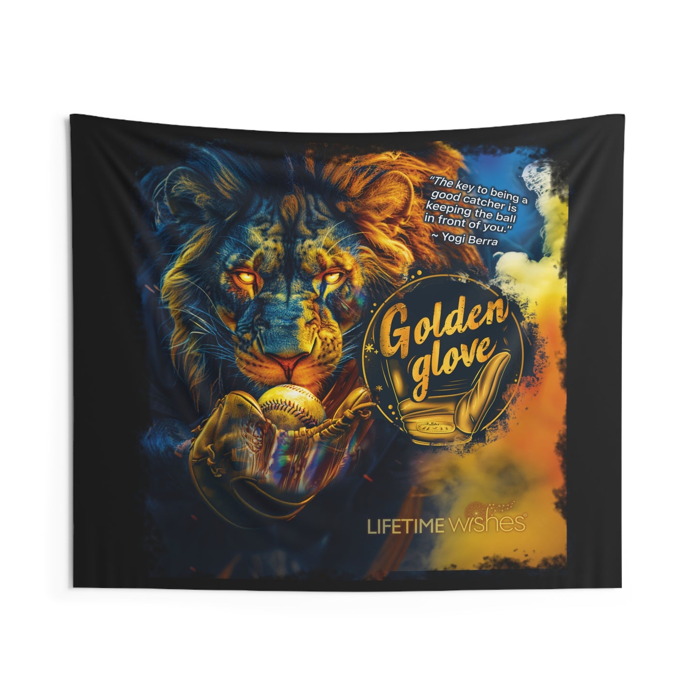 Baseball Golden Glove Lion Indoor Wall Tapestry Featuring Inspirational Yogi Berra Quote