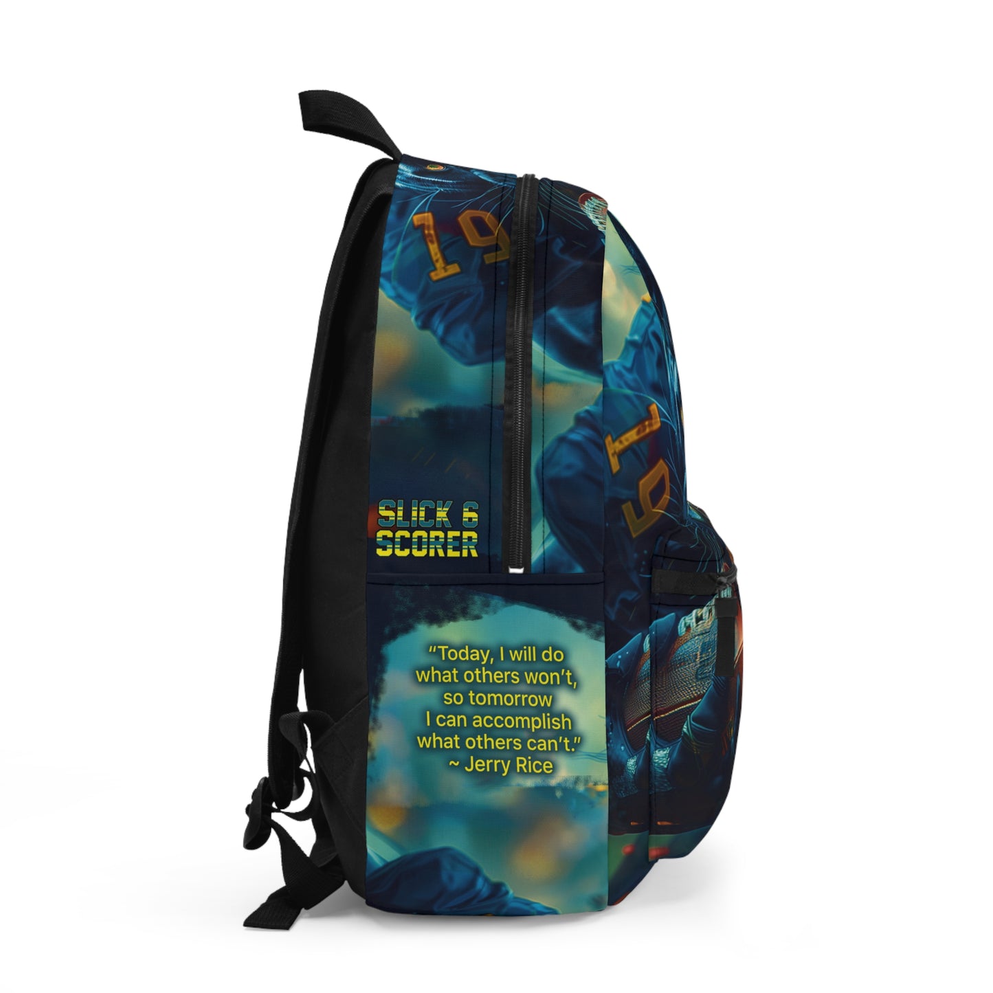 Football 'Slick-6-Scorer' Backpack Featuring Black Panther Football Player and Jerry Rice Quote