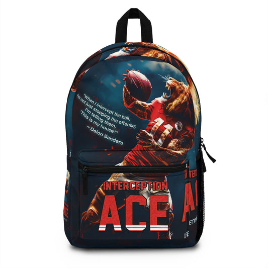 Football 'Interception Ace' Backpack Featuring Lion Football Player and Deion Sanders Quote