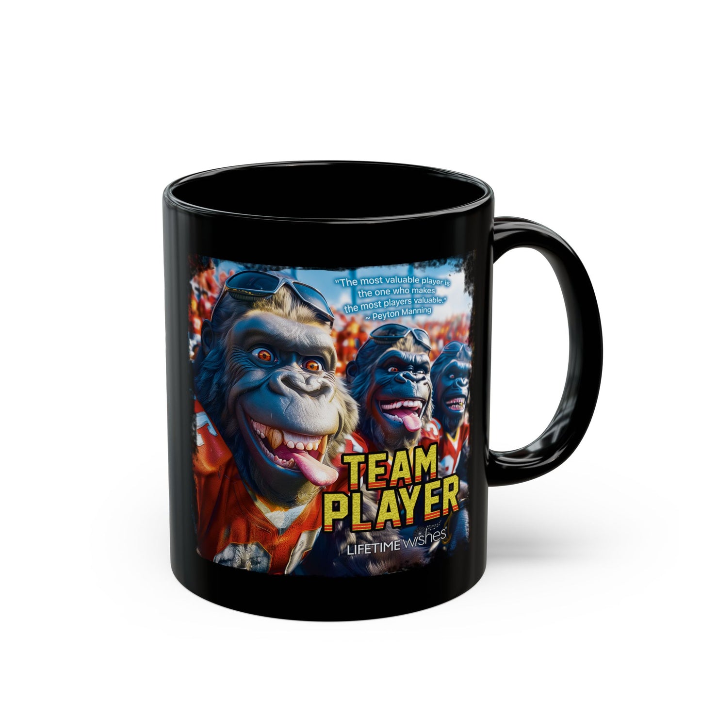 Football Team Player Gorilla Black Mug – Featuring Inspirational Peyton Manning Quote (11oz, 15oz)