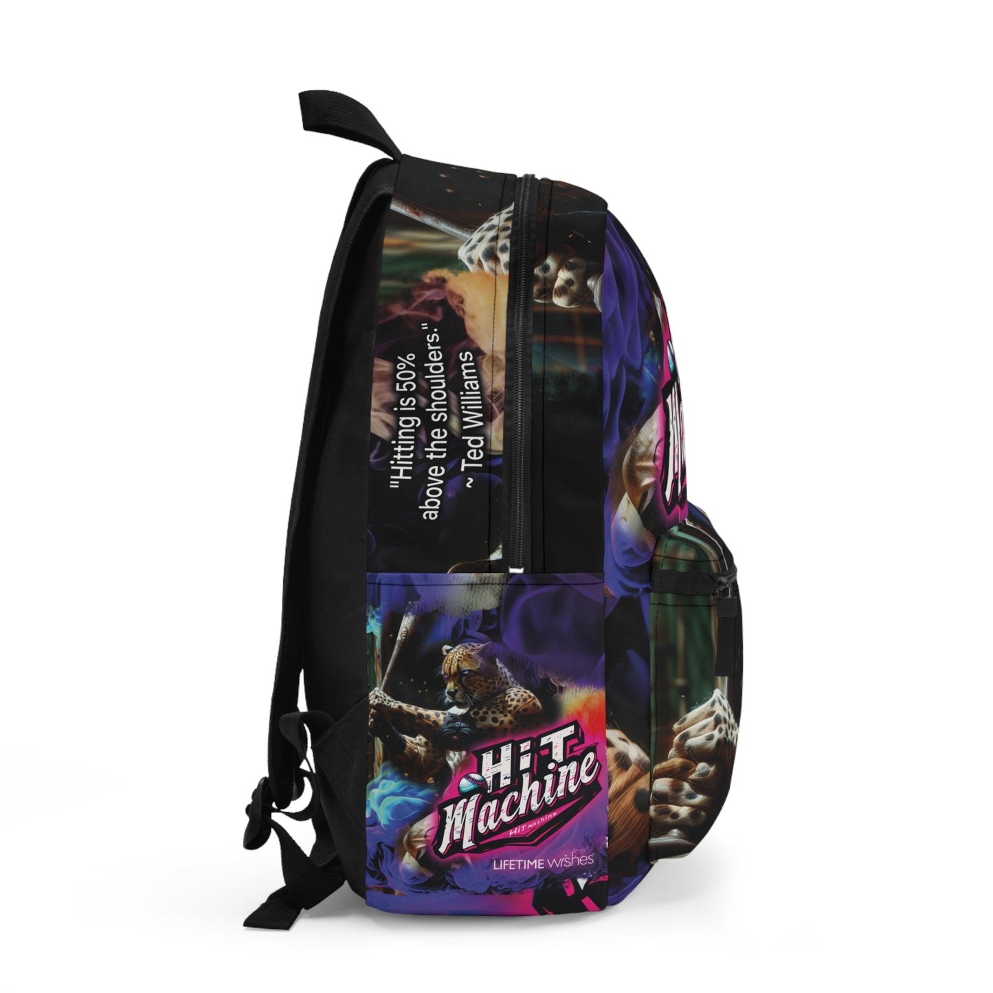 Baseball 'Hit Machine' Backpack Featuring Muscular Cheetah with Glowing Purple Eyes and Ted Williams Quote