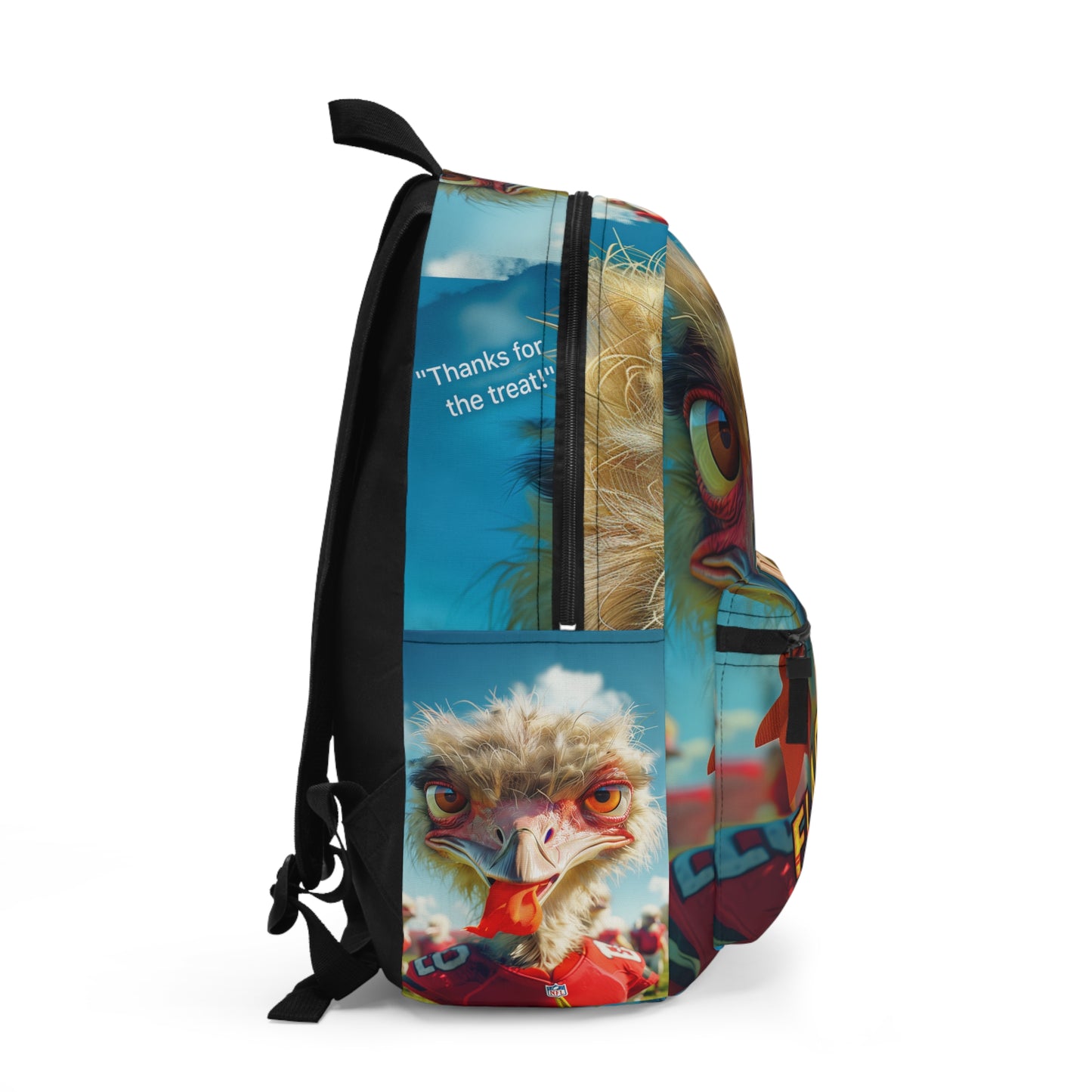 Football 'Flag Chomper' Backpack Featuring Silly Ostrich and "Thanks for the Treat!" Quote