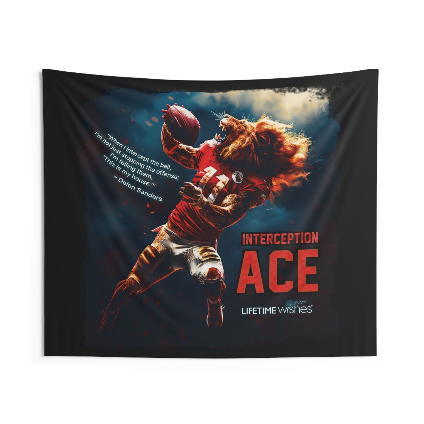 Football Interception Ace Lion Indoor Wall Tapestry Featuring Inspirational Deion Sanders Quote