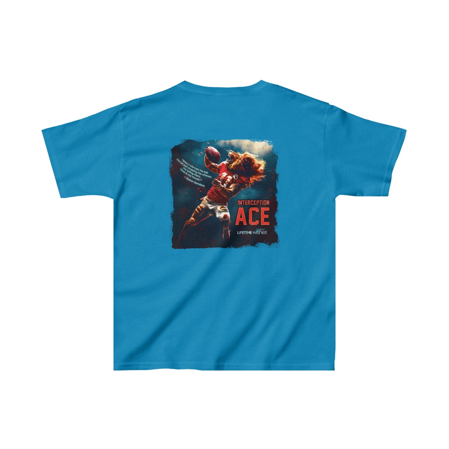 Football Interception Ace Lion Kids Heavy Cotton™ Tee Featuring Deion Sanders Quote by Lifetime Wishes