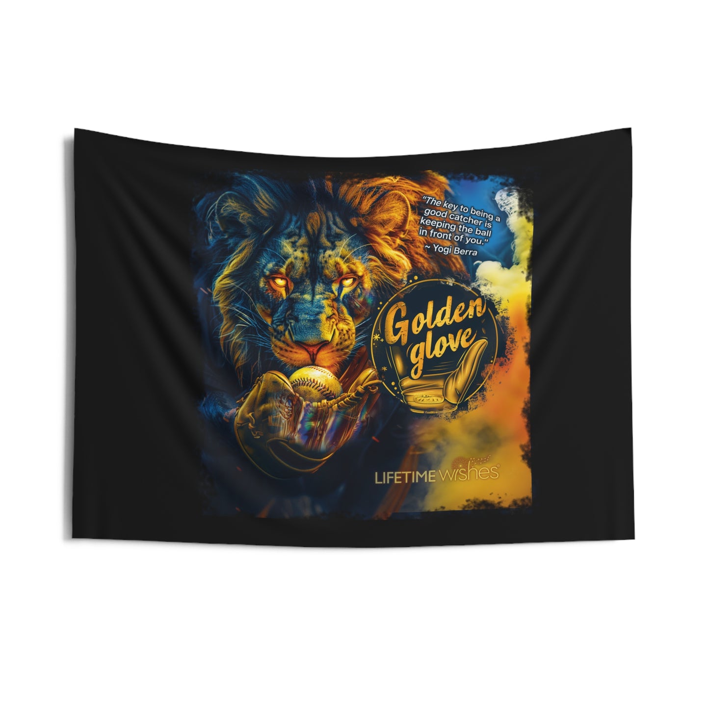 Baseball Golden Glove Lion Indoor Wall Tapestry Featuring Inspirational Yogi Berra Quote