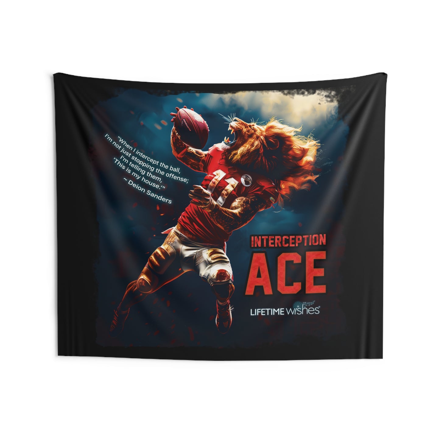 Football Interception Ace Lion Indoor Wall Tapestry Featuring Inspirational Deion Sanders Quote