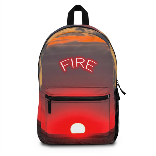 The "FIRE" Red Sunset Backpack, Laptop Compartment, Padded, Adjustable, Lightweight, Waterproof, Back-to-school, Travel Bag, Bottle Pocket