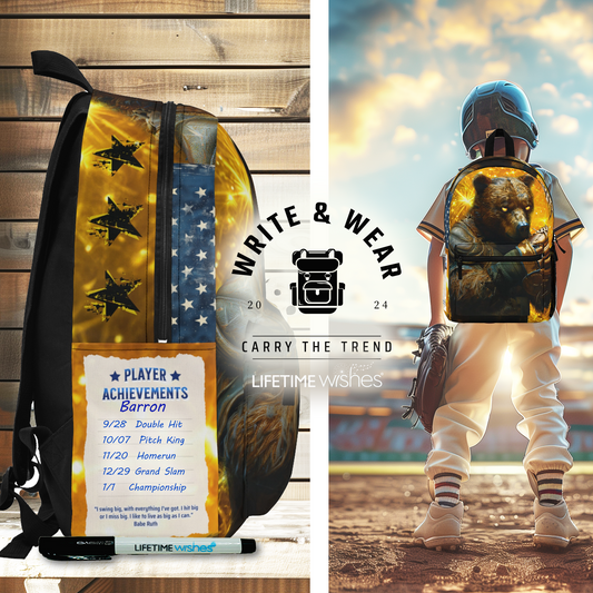 Baseball 'Golden Glove Bear' Write & Wear Personalized Inspiration Backpack, Babe Ruth Quote, back to school, baseball gift, travel bag