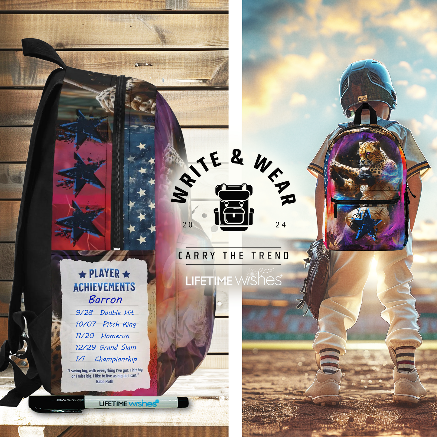 Baseball 'Hit Machine Cheetah' Write & Wear Personalized Inspiration Backpack, Babe Ruth Quote, back to school, baseball gift, travel bag