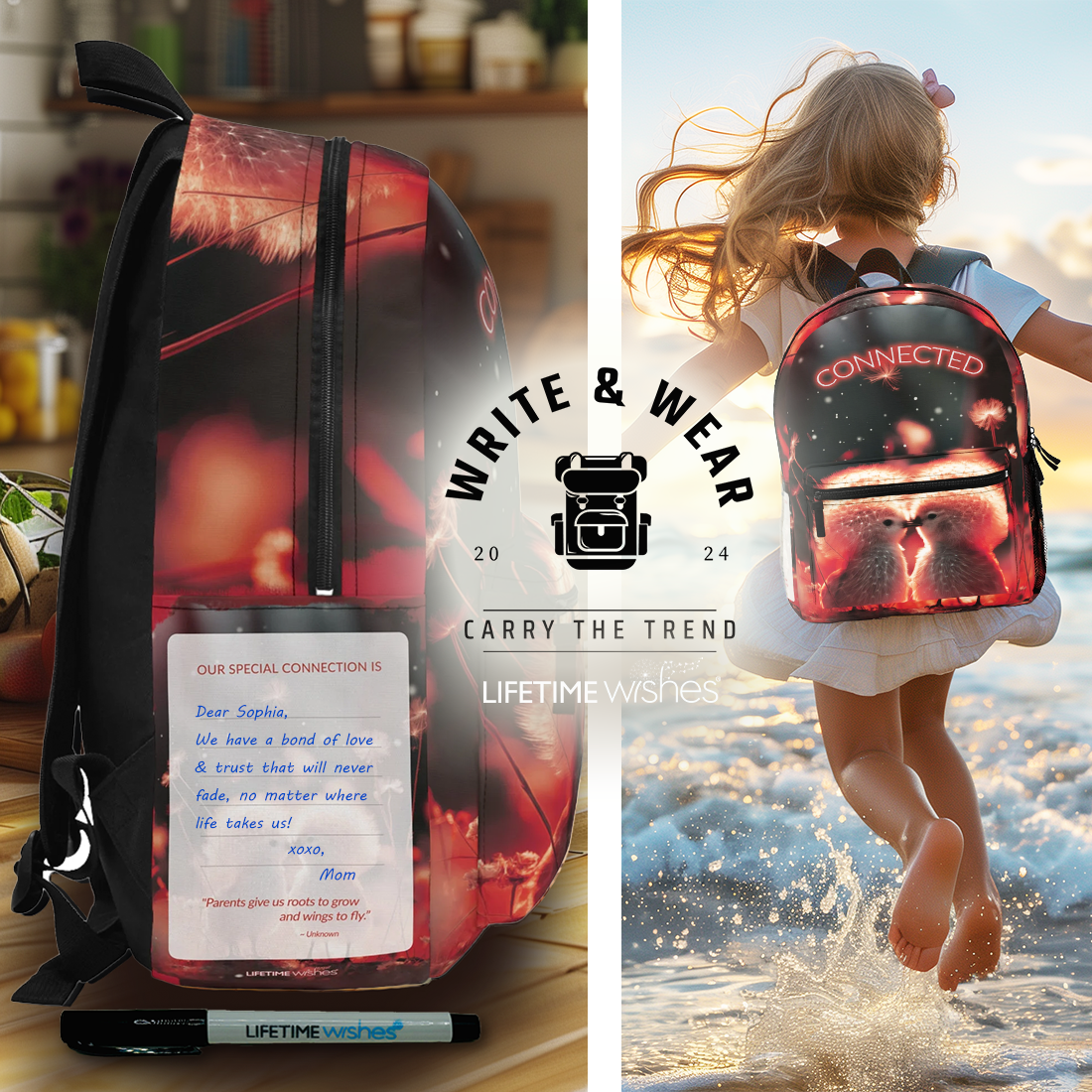 The "Our Special Connection"  Write & Wear Backpack w/ space to personalize, Adorable Dandelion Creatures, kids backpack, back to school, daughter gift