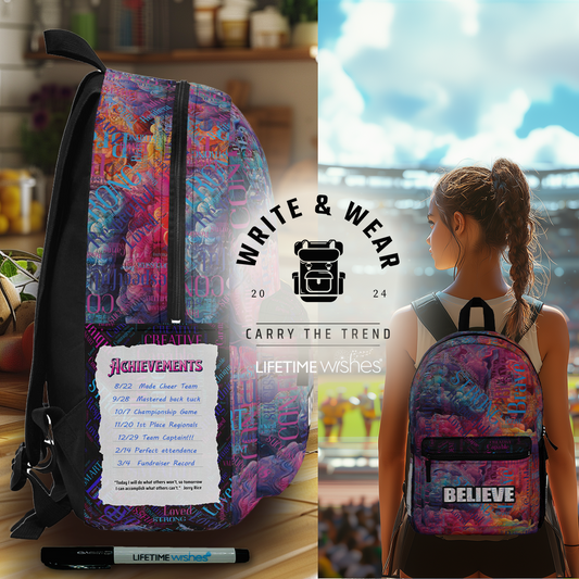 Write & Wear "Believe" Backpack, Personalized Achievements Space, back to school, personalized backpack, custom bag, daughter gift