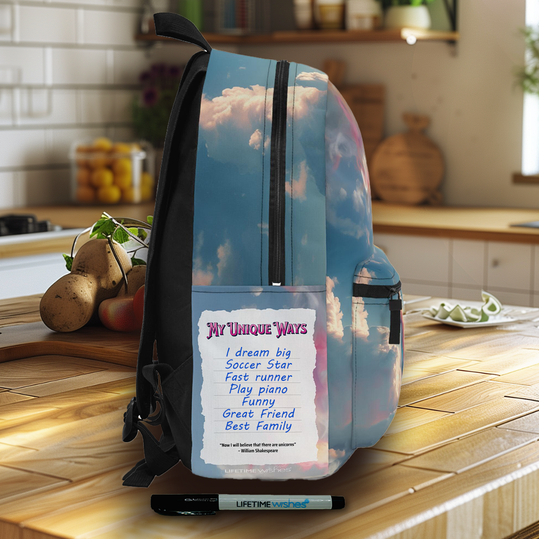 The "Unique" Write & Wear Inspiration Backpack w/ space to personalize one's unique traits, Shakespeare Quote, back to school,  gift for her