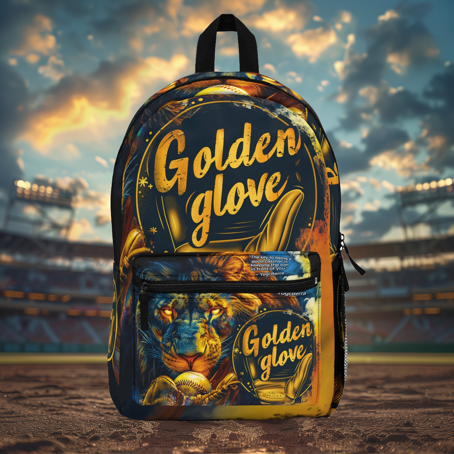 Baseball 'Golden Glove' Lion Backpack Featuring Inspirational Yogi Berra Quote