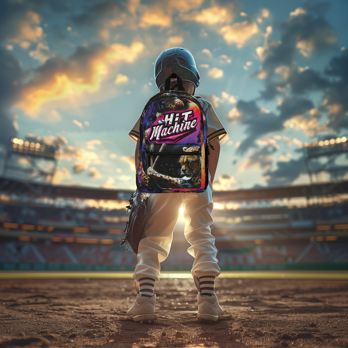 Baseball 'Hit Machine' Backpack Featuring Muscular Cheetah with Glowing Purple Eyes and Ted Williams Quote