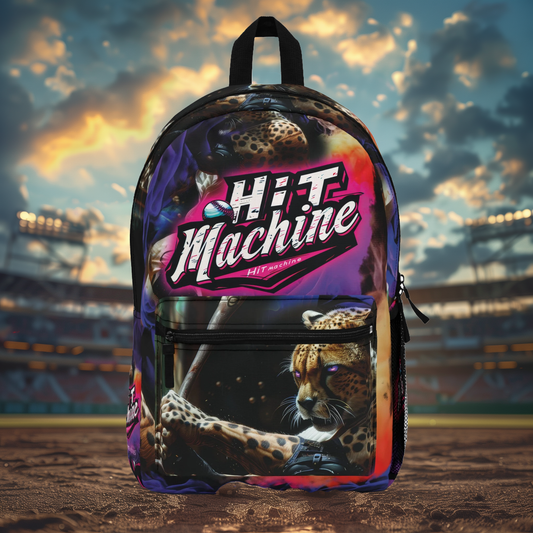 Baseball 'Hit Machine' Backpack Featuring Muscular Cheetah with Glowing Purple Eyes and Ted Williams Quote