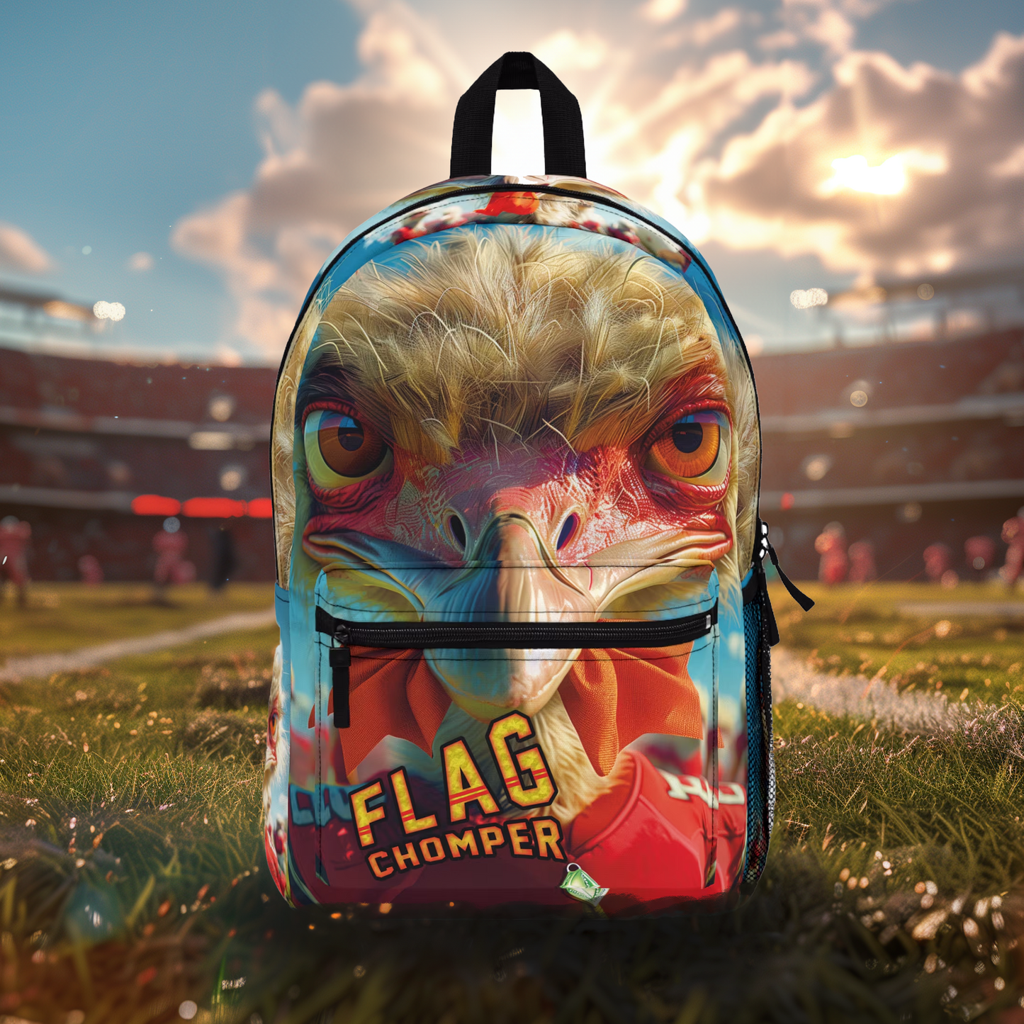 Football 'Flag Chomper' Backpack Featuring Silly Ostrich and "Thanks for the Treat!" Quote