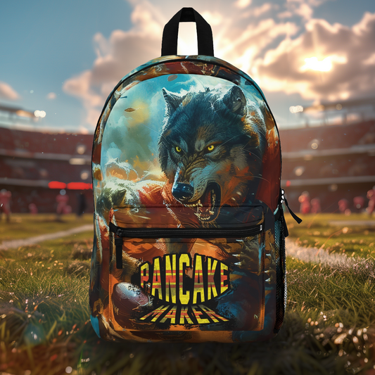 Football 'Pancake Maker' Backpack Featuring Pack of Wolves in Football Gear and Tony Boselli Quote