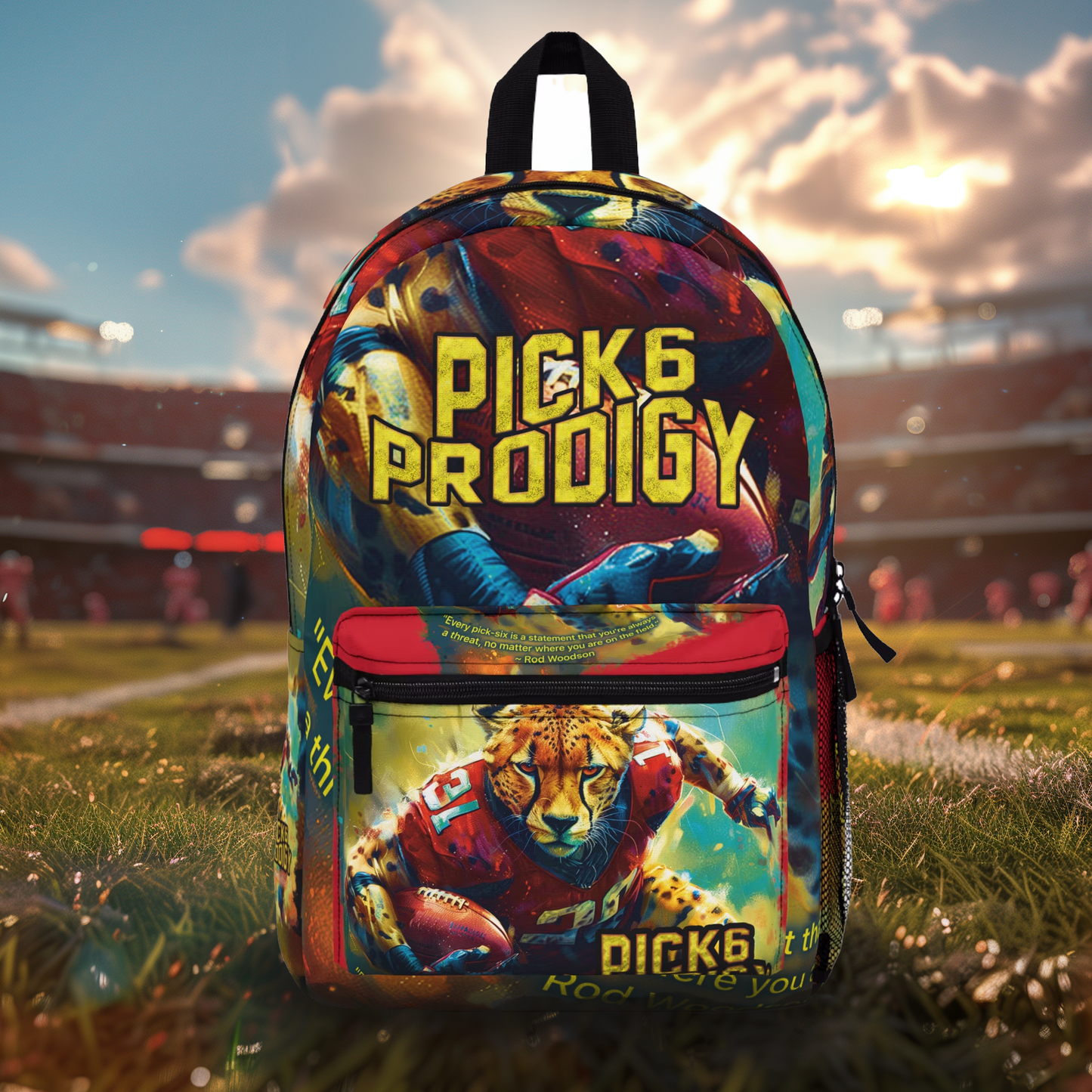 Football 'Pick-6-Prodigy' Backpack Featuring Cheetah Football Player and Rod Woodson Quote