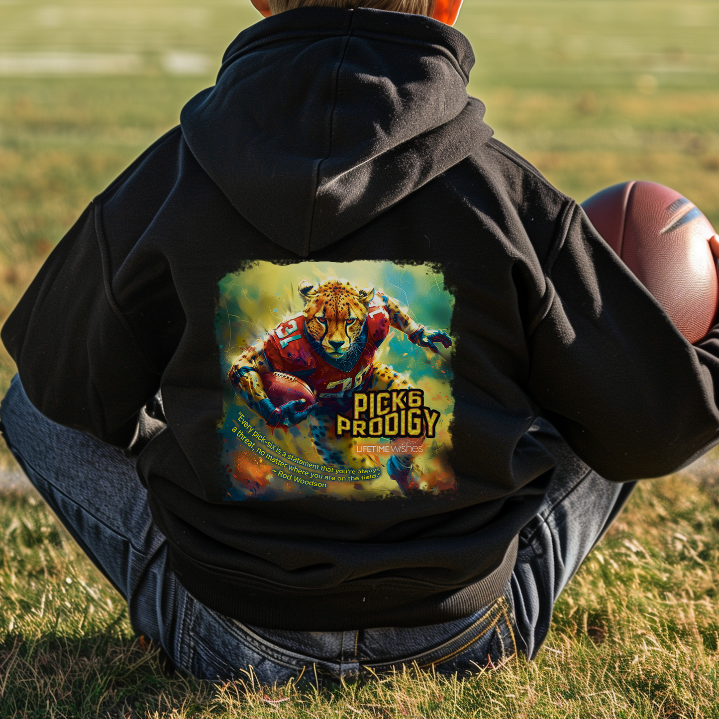 Football Pick-6-Prodigy Cheetah Youth Heavy Blend Hooded Sweatshirt - Featuring Inspirational Rod Woodson Quote