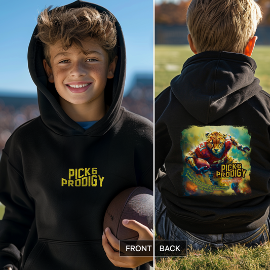 Football Pick-6-Prodigy Cheetah Youth Heavy Blend Hooded Sweatshirt - Featuring Inspirational Rod Woodson Quote