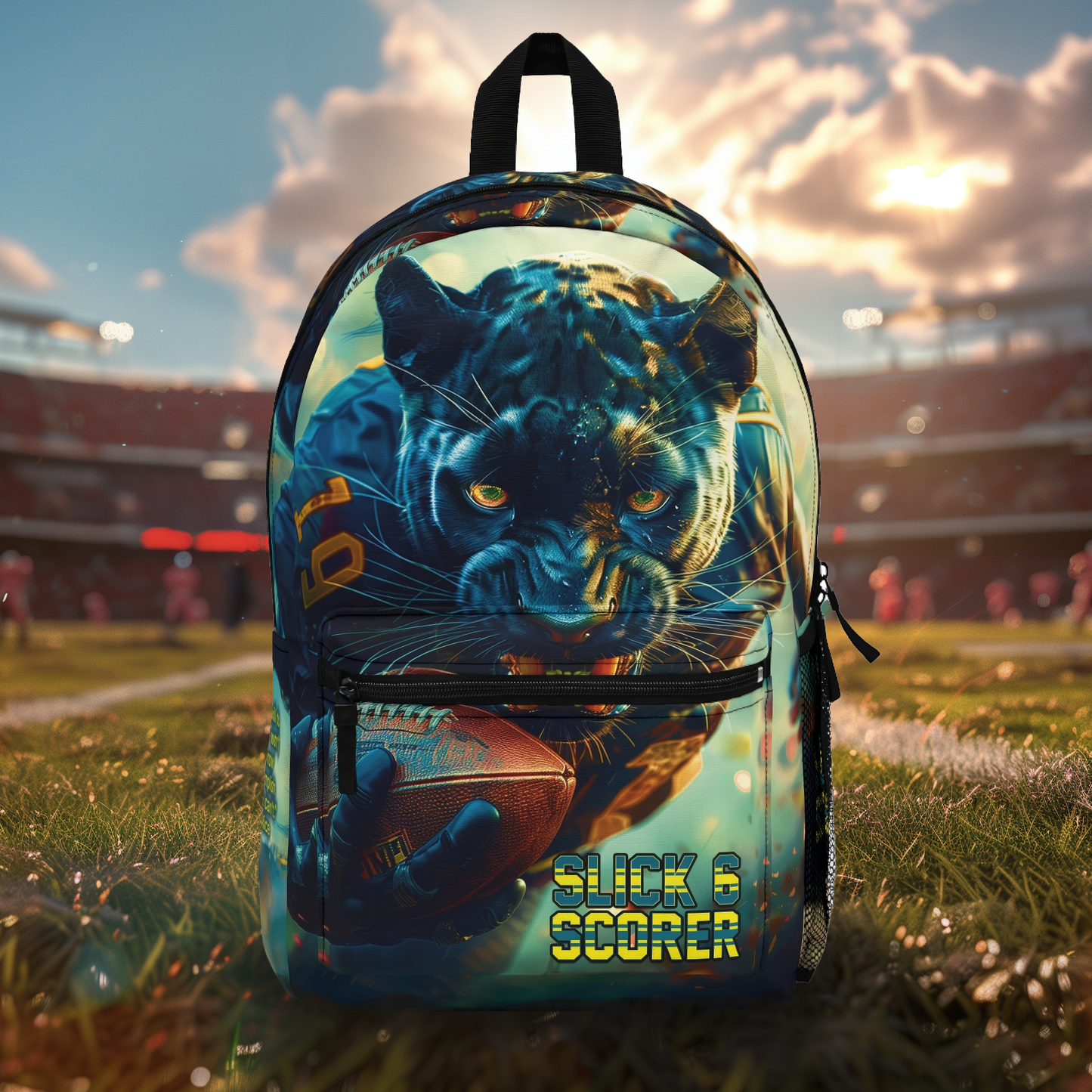 Football 'Slick-6-Scorer' Backpack Featuring Black Panther Football Player and Jerry Rice Quote