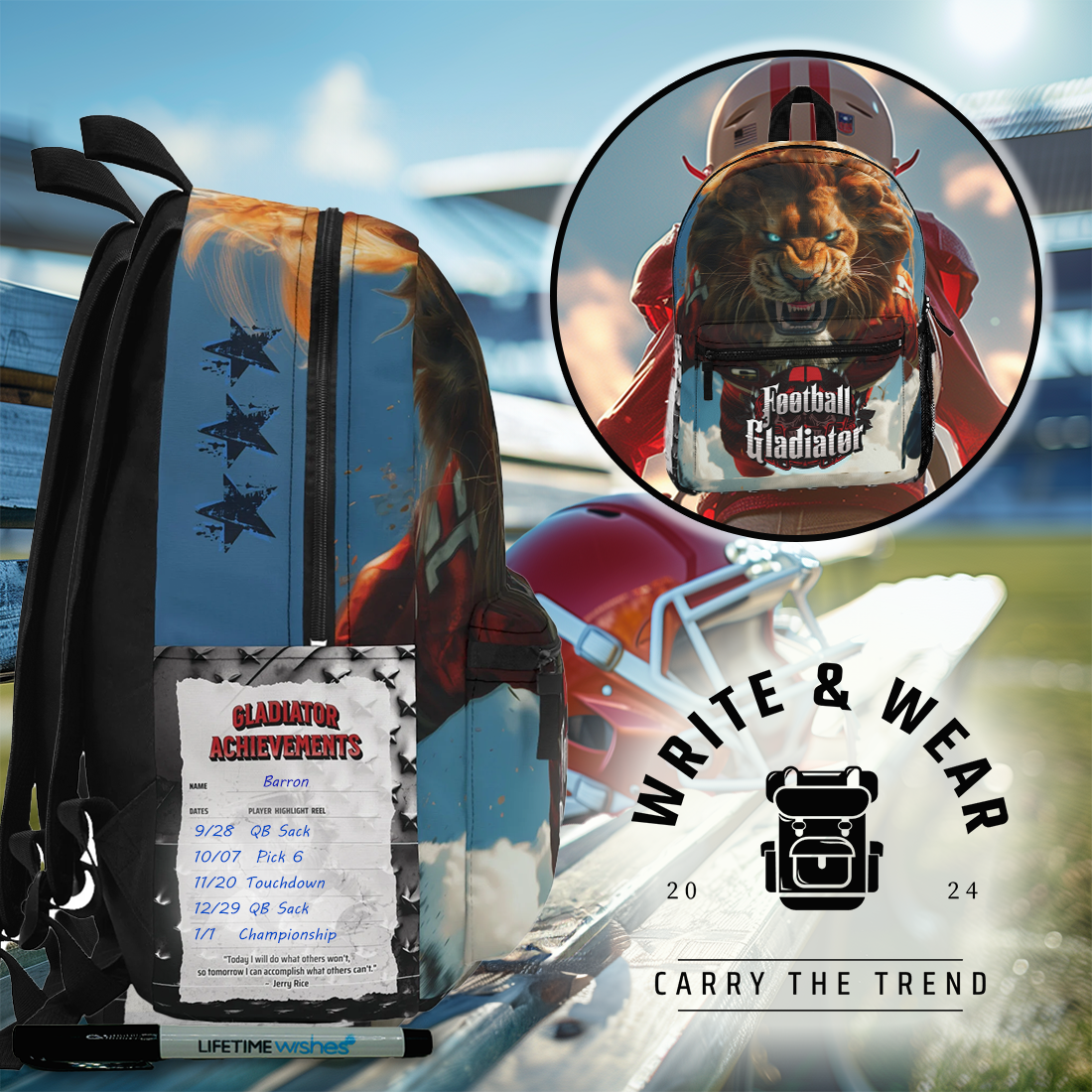 Football Gladiator Lion 'Write & Wear Inspiration' Backpack Featuring "Player Achievements" Writing Space, Jerry Rice Quote, Back to School, Football Gift