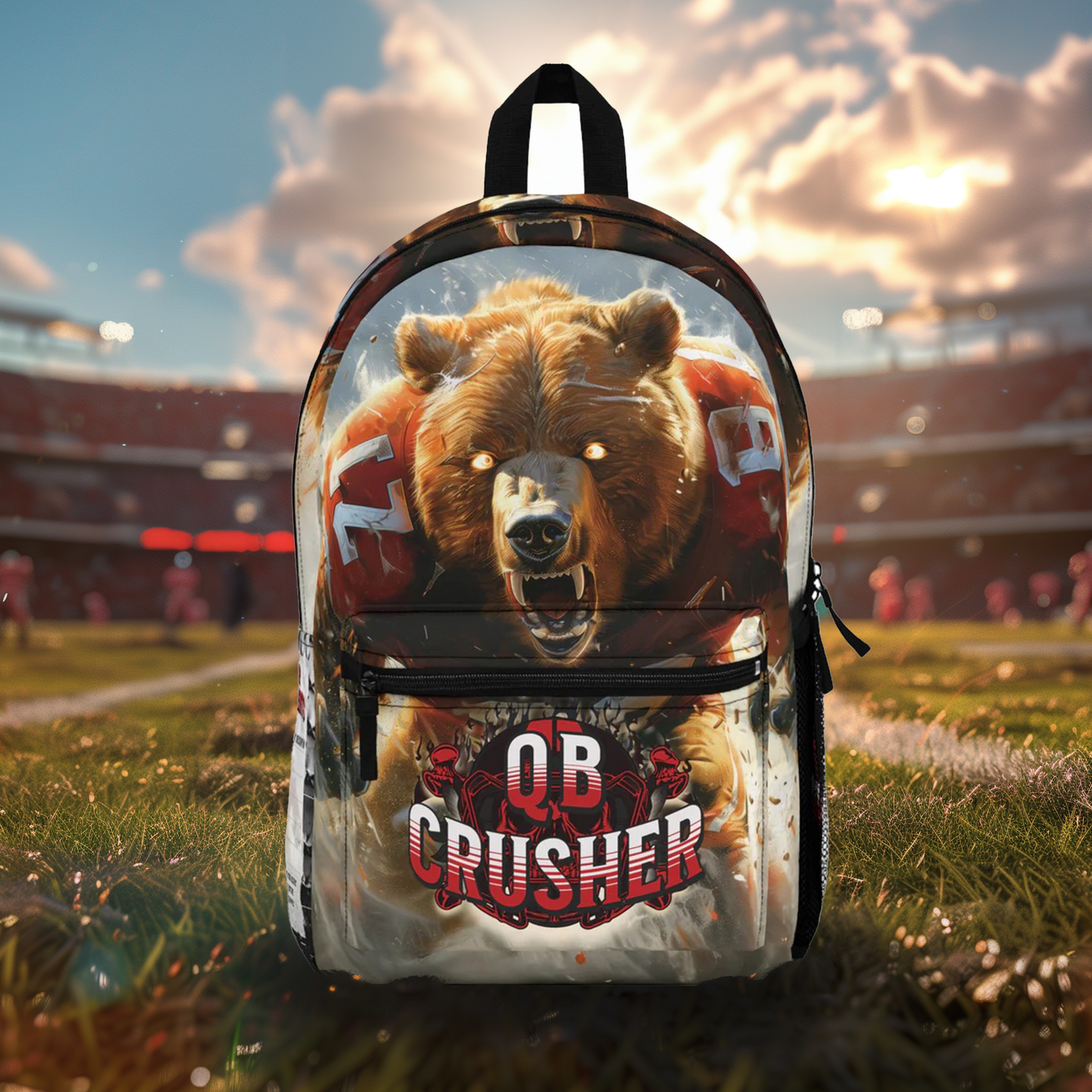 Football 'QB Crusher' Write & Wear Backpack Featuring "Player Achievements" Writing Space, Bear in Football School Gear, Reggie White Quote, Football Gift